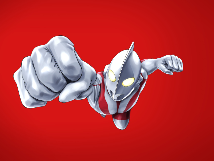 1boy alien bodysuit commentary_request foreshortening punching red_background shin_ultraman simple_background solo tk8d32 tokusatsu ultra_series ultraman_(shin) white_bodysuit yellow_eyes