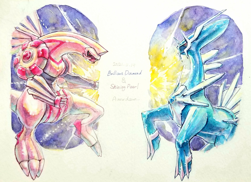 black_sclera claws colored_sclera commentary_request copyright_name dated dialga highres masshu_(shu_123426) no_humans painting_(medium) palkia pokemon pokemon_(creature) red_eyes spikes traditional_media watercolor_(medium)