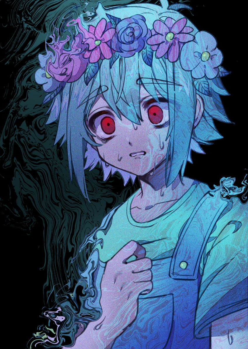 1boy absurdres bangs basil_(omori) clenched_hand clenched_teeth collarbone constricted_pupils dissolving eyebrows eyebrows_visible_through_hair flower_wreath hand_on_own_chest head_wreath highres looking_ahead male_focus mntimccz omori overalls red_eyes shirt short_hair short_sleeves sidelocks sweat t-shirt teeth