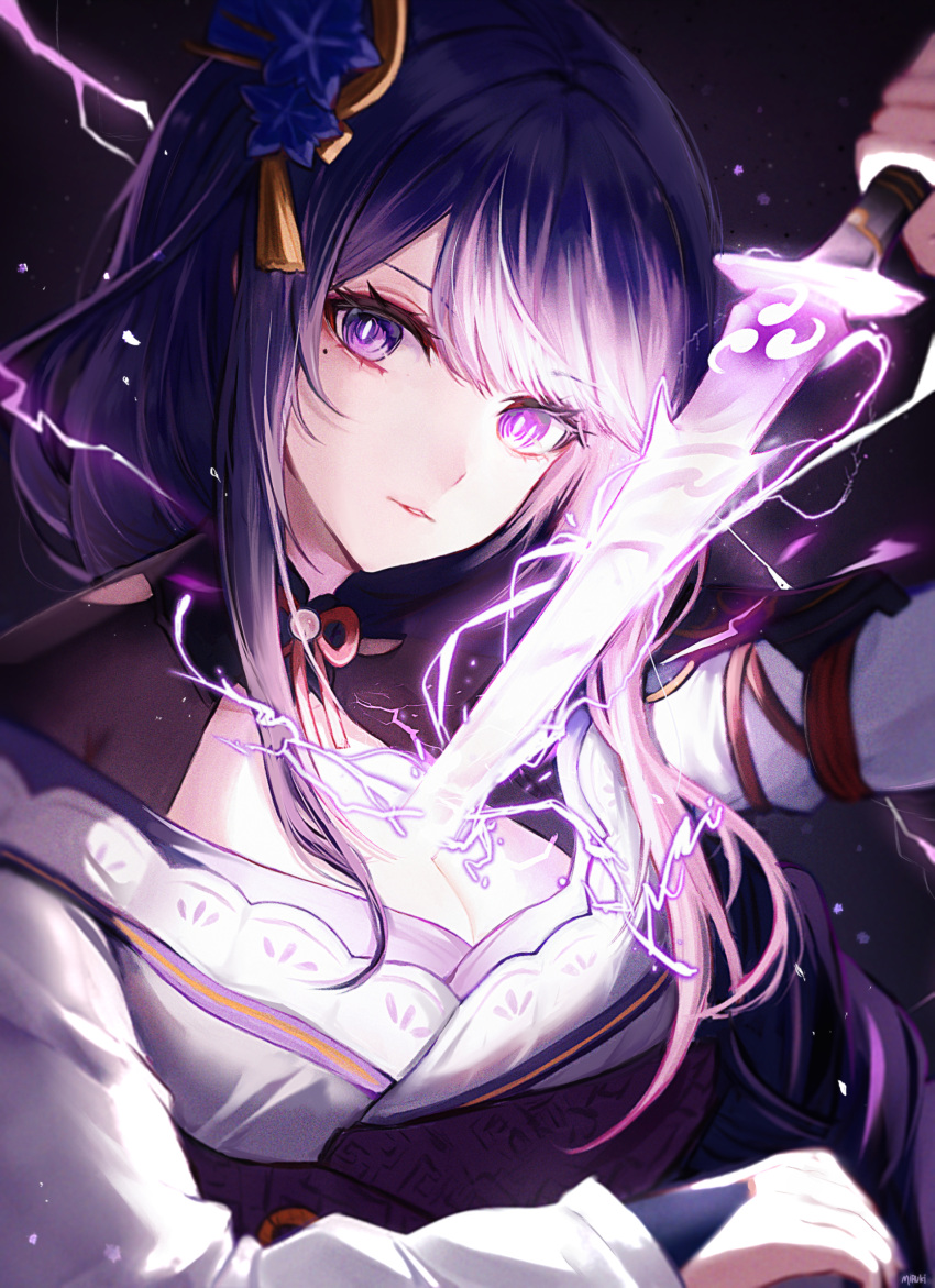 1girl bangs breasts drawing_sword electricity genshin_impact hair_ornament highres holding holding_sword holding_weapon human_scabbard large_breasts looking_at_viewer miruku_pan mitsudomoe_(shape) mole mole_under_eye musou_isshin_(genshin_impact) obi parted_lips purple_hair raiden_shogun sash sidelocks solo sword tomoe_(symbol) upper_body violet_eyes weapon