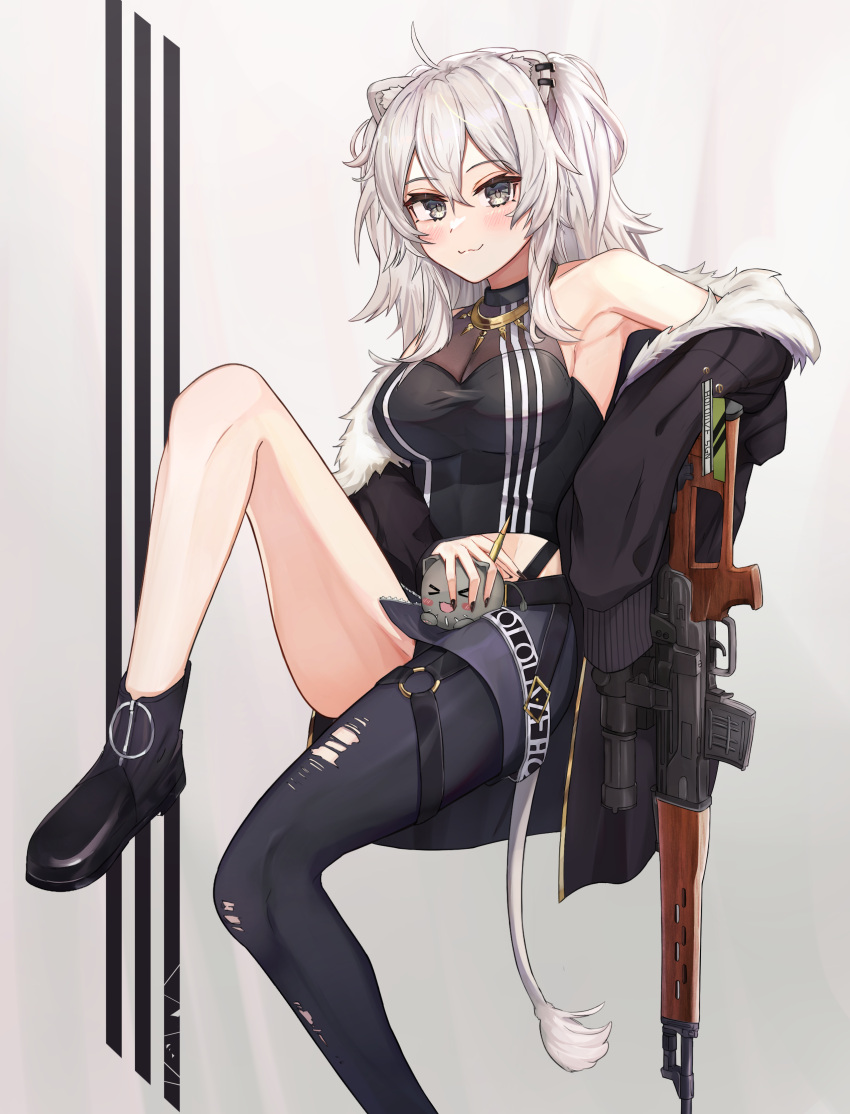 1girl absurdres ahoge animal_ears bangs black_nails blush breasts crop_top fur-trimmed_jacket fur_trim grey_hair gun hair_between_eyes highres hololive jacket lion_ears lion_girl lion_tail oksuri shirt shishiro_botan single_leg_pantyhose sleeveless sleeveless_shirt tail virtual_youtuber weapon zipper_skirt