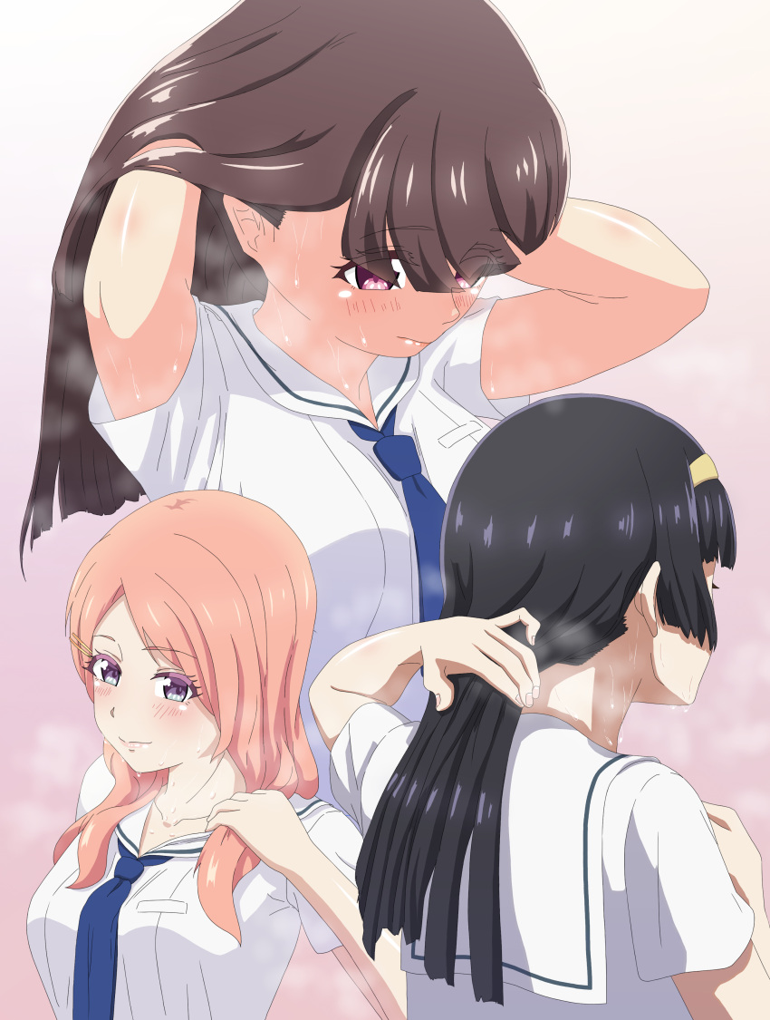 3girls absurdres bangs black_hair blue_necktie blush breasts brown_hair character_request cinderella_series collarbone from_above from_behind hachigatsu_no_cinderella_nine hairband hands_in_hair highres hot looking_at_viewer looking_down multiple_girls multiple_views necktie orange_hair parted_bangs red_eyes risosf sailor_collar shirt short_sleeves steam steaming_body sweat uniform upper_body violet_eyes white_shirt