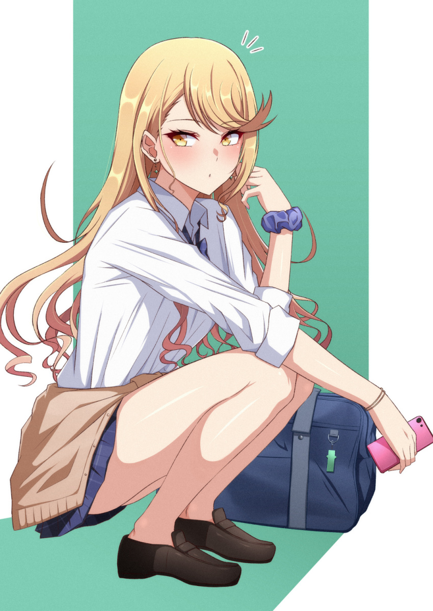 1girl blonde_hair cellphone clothes_around_waist gyaru highres long_hair mebi_il mythra_(xenoblade) phone scrunchie smartphone solo squatting sweater sweater_around_waist thighs uniform xenoblade_chronicles_(series) xenoblade_chronicles_2