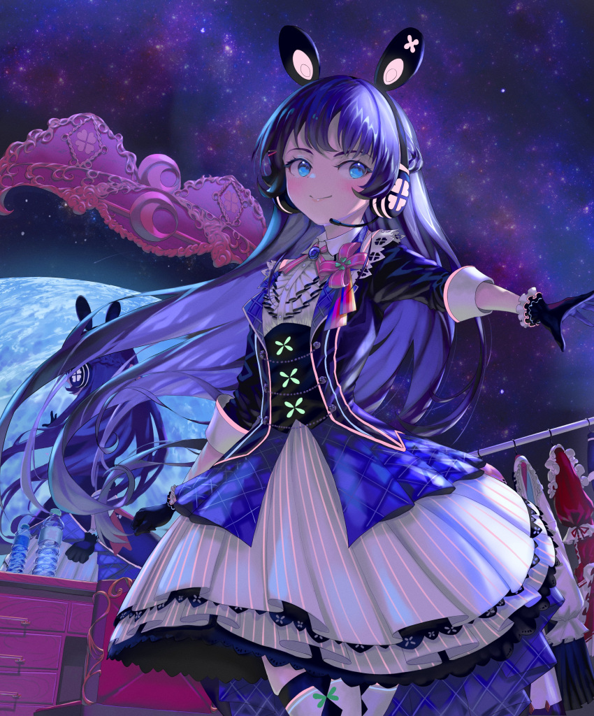 1girl absurdres animal_ears atatatatame01 black_gloves blue_eyes blush commentary_request cowboy_shot dress fake_animal_ears gem gloves headphones highres lips long_hair looking_to_the_side microphone mirror neck_ribbon nijisanji purple_hair ribbon smile solo standing striped striped_dress thigh-highs tsukino_mito very_long_hair virtual_youtuber