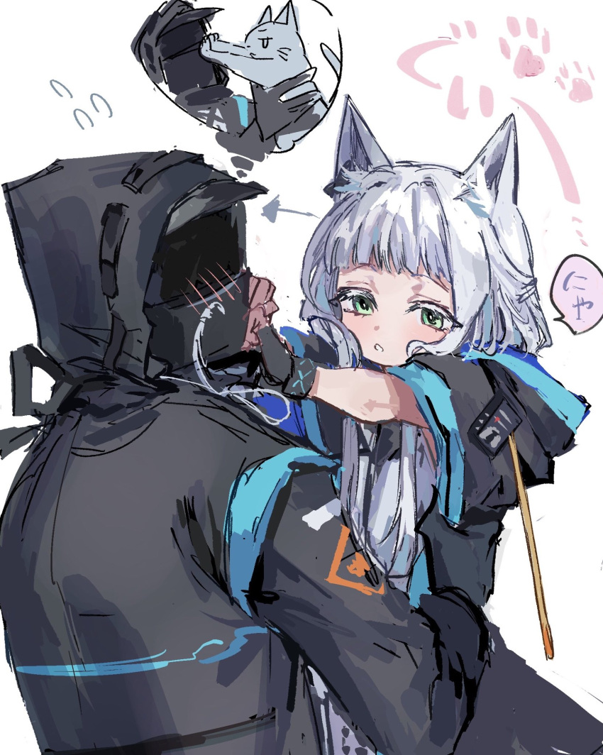 1girl 1other animal animal_ears arknights arrow_(symbol) bangs black_gloves black_jacket cat_ears colored_eyelashes commentary_request doctor_(arknights) flying_sweatdrops gloves green_eyes grey_hair highres hood hood_down hood_up hooded_jacket jacket lifting_person long_sleeves na_tarapisu153 open_clothes open_jacket parted_lips rosmontis_(arknights) short_sleeves simple_background white_background