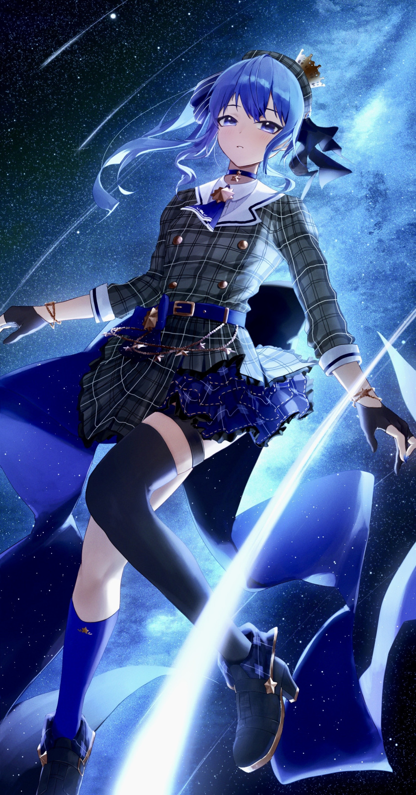 1girl absurdres ascot asymmetrical_legwear belt beret black_gloves blue_belt blue_bow blue_choker blue_eyes blue_hair blue_ribbon blue_skirt boots bow bracelet brooch choker crown dress full_body gloves hair_ribbon hat high_heel_boots high_heels highres hololive hoshimachi_suisei jewelry kneehighs long_hair mini_crown night night_sky parted_lips partially_fingerless_gloves plaid plaid_dress plaid_headwear ribbon shooting_star side_ponytail sidelocks single_kneehigh single_thighhigh skirt sky solo star_(sky) star_(symbol) star_bracelet star_choker star_in_eye starry_sky symbol_in_eye thigh-highs toi1et_paper virtual_youtuber