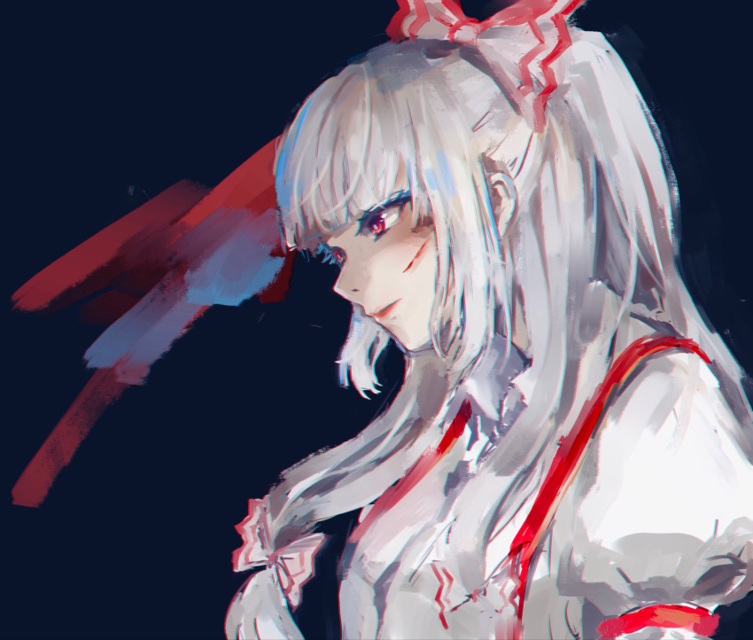 1girl bangs blue_background blunt_bangs bow closed_mouth collared_shirt commentary_request eyelashes fujiwara_no_mokou hair_bow highres hoshiringo0902 long_hair long_sleeves looking_to_the_side red_eyes scar scar_on_cheek scar_on_face shirt sidelocks sleeve_garter smile solo suspenders touhou upper_body very_long_hair white_hair white_shirt