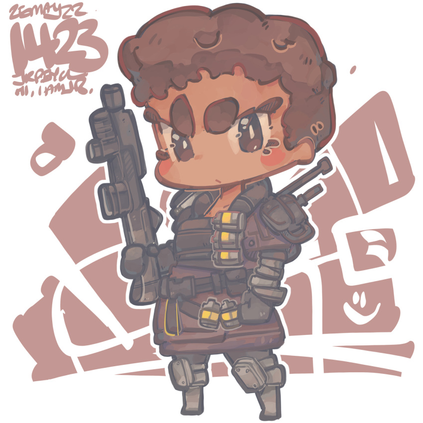 1girl apex_legends artist_name bangalore_(apex_legends) black_footwear black_gloves blush boots brown_eyes brown_hair brown_jacket chibi clenched_hand dark-skinned_female dark_skin dated g7_scout gloves highres jacket jr4rt knee_pads looking_at_viewer solo v-shaped_eyebrows