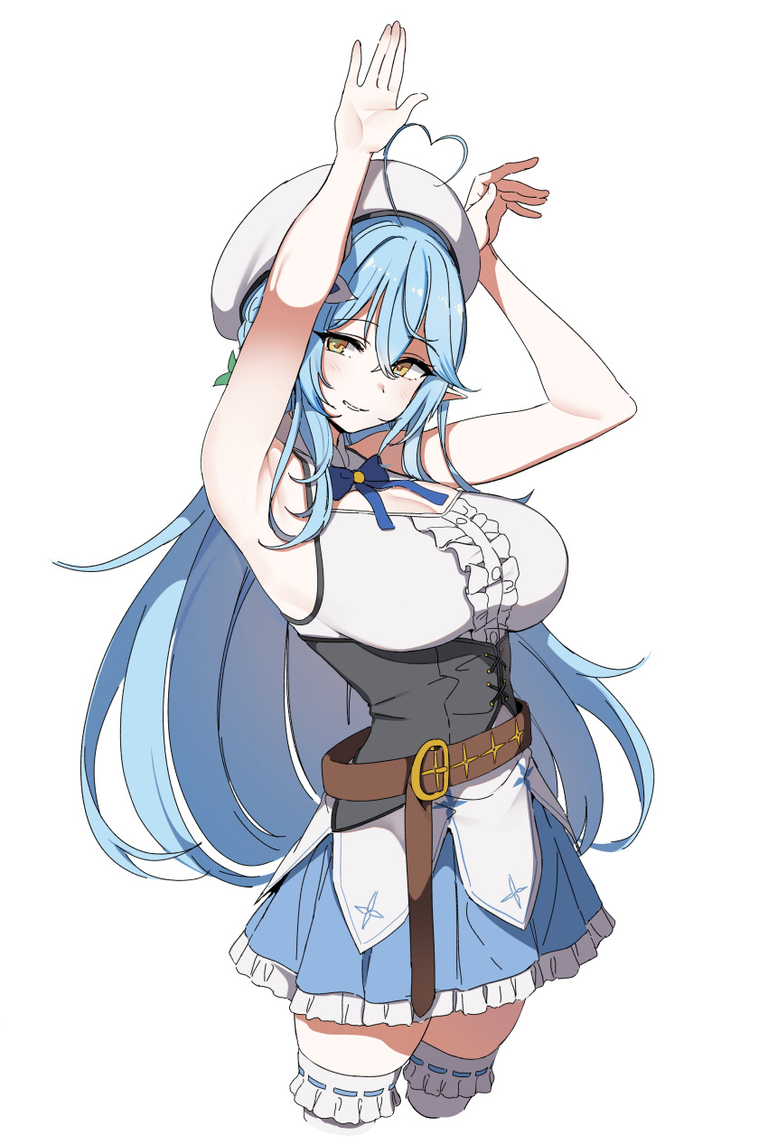 1girl absurdres ahoge arms_up bangs bare_arms belt blue_bow blue_bowtie blue_hair blue_skirt blush bow bowtie breasts brown_belt bunny_pose corset cowboy_shot detached_sleeves dickbomber elf frilled_legwear frilled_skirt frills hair_between_eyes hat heart heart_ahoge highres hololive large_breasts long_hair parted_lips pointy_ears ribbon-trimmed_legwear ribbon_trim shirt simple_background skirt sleeveless sleeveless_shirt smile solo thigh-highs very_long_hair virtual_youtuber white_background white_headwear white_legwear white_shirt yellow_eyes yukihana_lamy