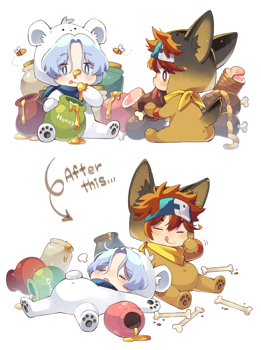 2boys absurdres animal_costume animal_ears blue_eyes blue_hair bone chibi eating food fox_costume fox_ears hair_between_eyes hasegawa_langa headband highres honey kyan_reki long_sleeves looking_at_viewer male_focus meat messy_hair multiple_boys open_mouth orange_eyes redhead short_hair sk8_the_infinity smile tongue uppi white_background