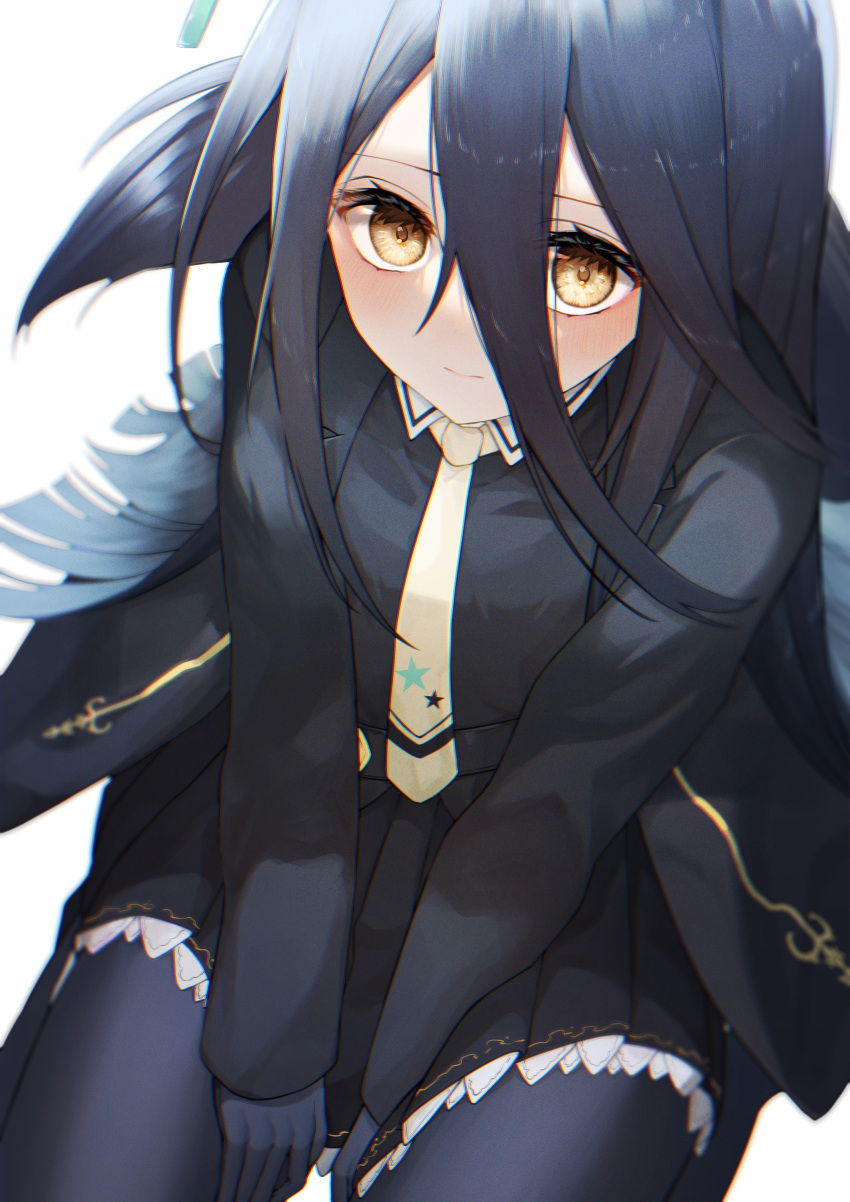 1girl absurdres bangs between_legs black_hair black_jacket black_legwear black_shirt black_skirt blush brown_eyes closed_mouth collared_shirt hair_between_eyes hand_between_legs highres jacket long_hair looking_at_viewer manhattan_cafe_(umamusume) necktie open_clothes open_jacket pantyhose pearlscale0818 pleated_skirt print_necktie seiza shirt simple_background sitting skirt solo star_(symbol) star_print umamusume very_long_hair white_background yellow_necktie