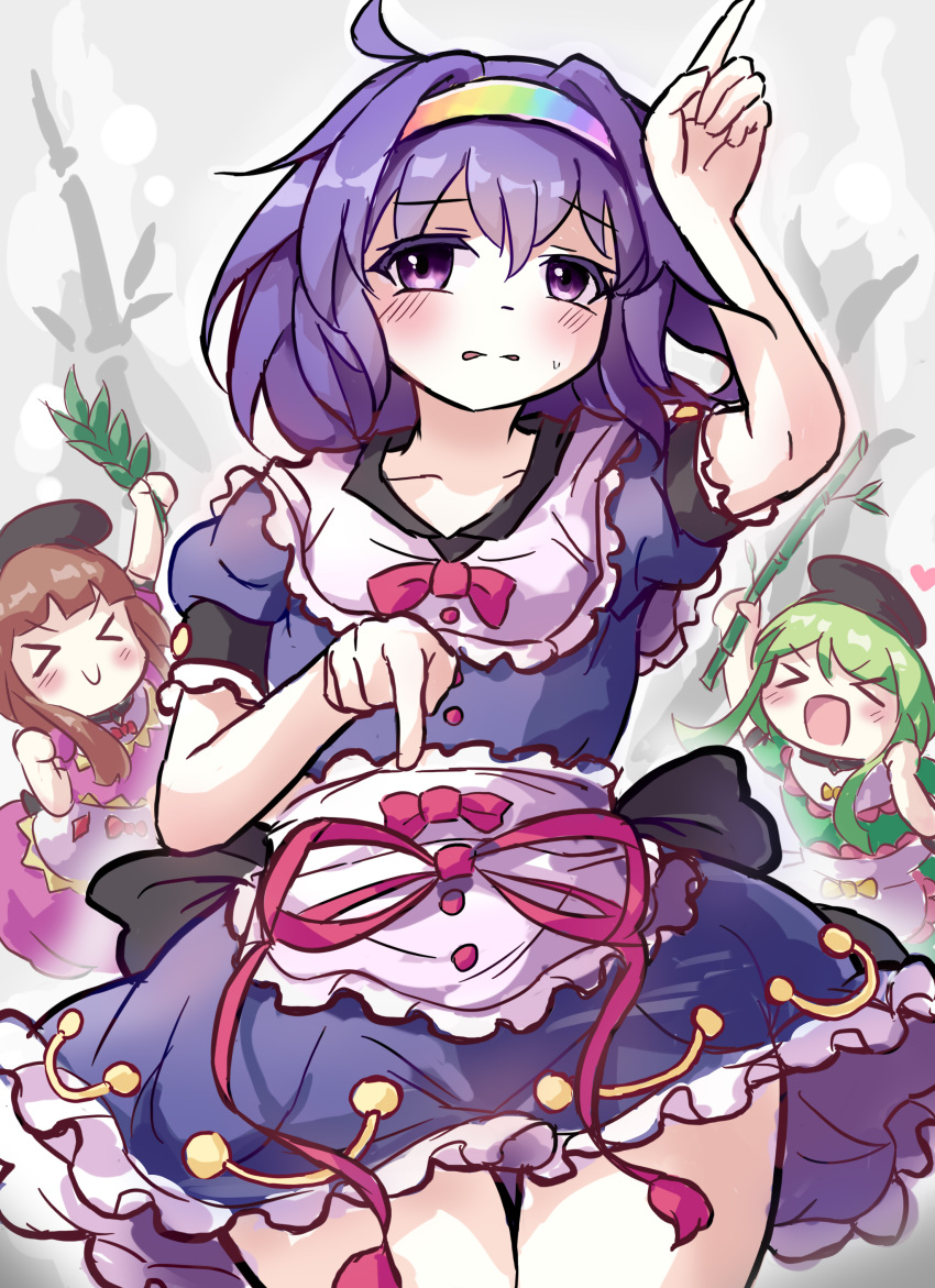 &gt;_&lt; 3girls :&gt; :d absurdres apron bamboo black_headwear blue_hair blush brown_hair closed_eyes eyebrows_visible_through_hair green_hair highres laoshezhang leaf looking_at_viewer maid maid_apron multicolored_clothes multicolored_headwear multiple_girls nishida_satono open_mouth pointing pointing_down pointing_up shy smile teireida_mai tenkyuu_chimata touhou unconnected_marketeers