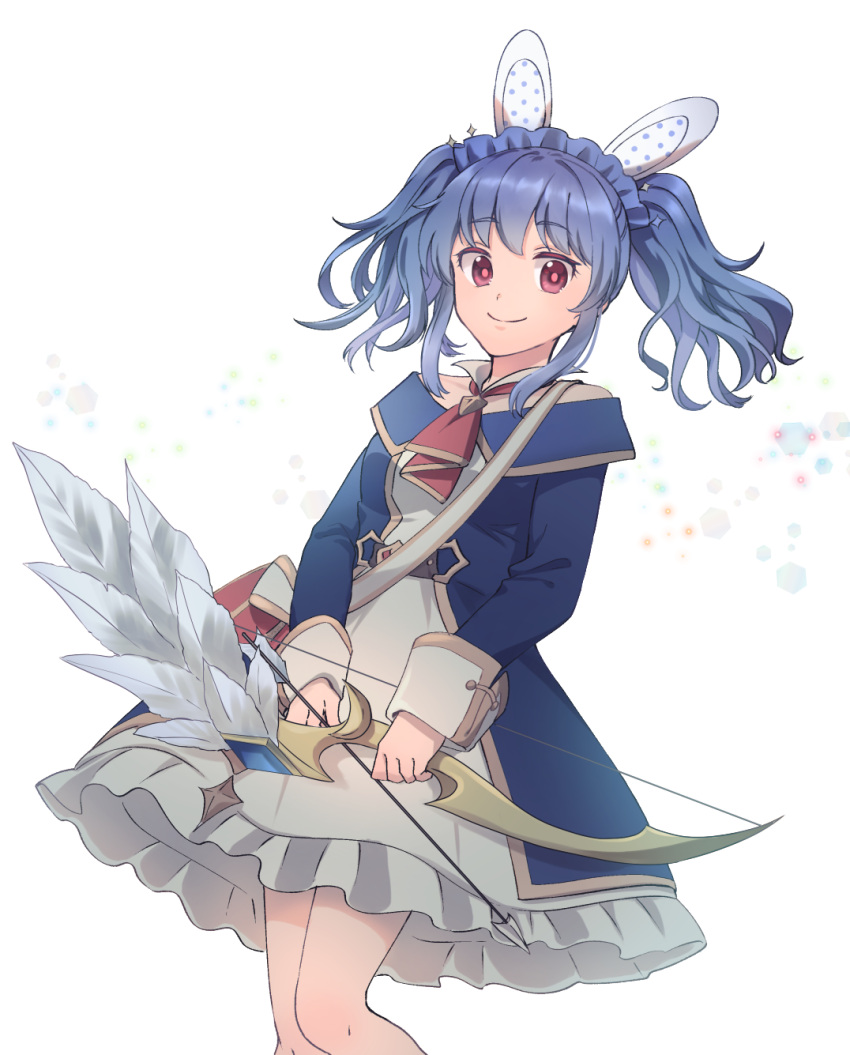 1girl animal_ears arrow_(projectile) bangs blue_coat blue_hair bow_(weapon) closed_mouth coat commentary_request dress eyebrows_visible_through_hair fake_animal_ears feet_out_of_frame frilled_dress frills headdress highres hohohoi holding holding_bow_(weapon) holding_weapon long_hair looking_at_viewer necktie off-shoulder_coat off_shoulder rabbit_ears ragnarok_online ragnarok_origin red_eyes red_necktie sidelocks smile solo strapless strapless_dress two_side_up weapon white_background white_dress