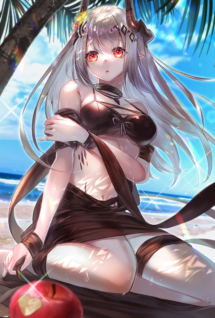 1girl apple arknights beach bikini black_bikini black_collar breasts collar demon_horns dutch_angle flower food fruit glint grey_hair hair_flower hair_ornament hatomame highres horns large_breasts long_hair mudrock_(arknights) mudrock_(silent_night)_(arknights) navel ocean official_alternate_costume oripathy_lesion_(arknights) outdoors palm_leaf palm_tree parted_lips pointy_ears red_eyes red_flower sand sitting solo swimsuit tree water wind yellow_flower