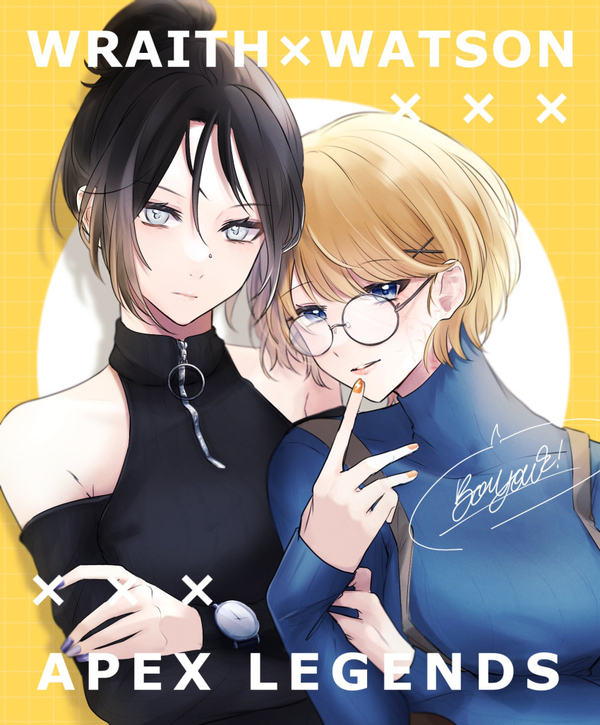 2girls apex_legends black_hair black_sweater blonde_hair blue_eyes blue_sweater breasts character_name clothing_cutout collarbone copyright_name crossed_arms finger_to_own_chin french_text glasses gradient_hair hair_behind_ear highres lightning_bolt_symbol looking_at_viewer medium_breasts multicolored_hair multiple_girls nose_piercing parted_lips piercing portrait round_eyewear satou_kouri scar scar_on_cheek scar_on_face short_hair shoulder_cutout smile speech_bubble sweater watch watch wattson_(apex_legends) wraith_(apex_legends)