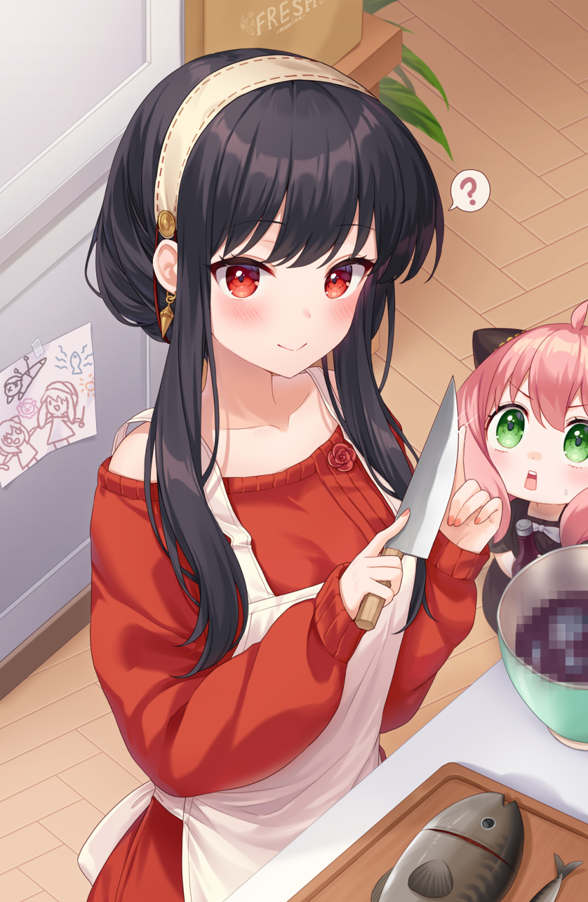 2girls ? ahoge anya_(spy_x_family) bad_food bangs bare_shoulders black_dress black_hair breasts censored censored_food child_drawing collarbone dress english_commentary fish food green_eyes hair_cones hairband highres holding holding_knife knife large_breasts long_hair moorina mosaic_censoring multiple_girls pink_hair red_sweater shiny shiny_hair short_sleeves smile speech_bubble spy_x_family sweater yor_briar