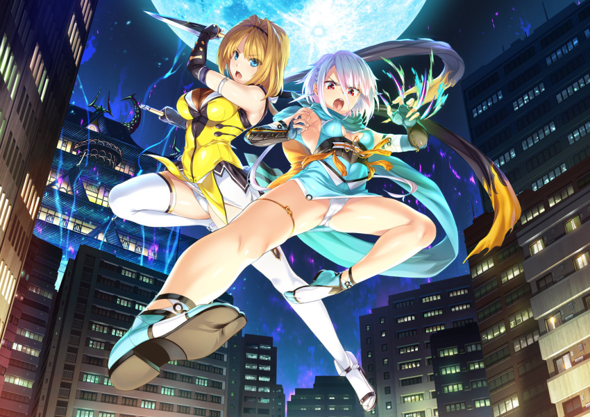 2girls bare_legs black_gloves black_scarf blue_eyes brown_hair building choukou_sennin_haruka elbow_gloves escalation_heroines fingerless_gloves fishnets gin_(ginshari) gloves hair_intakes hairband moon multiple_girls night night_sky ninja official_art onigirikun panties purple_hair red_eyes scarf short_hair sky takamori_haruka thigh-highs underwear white_legwear white_panties