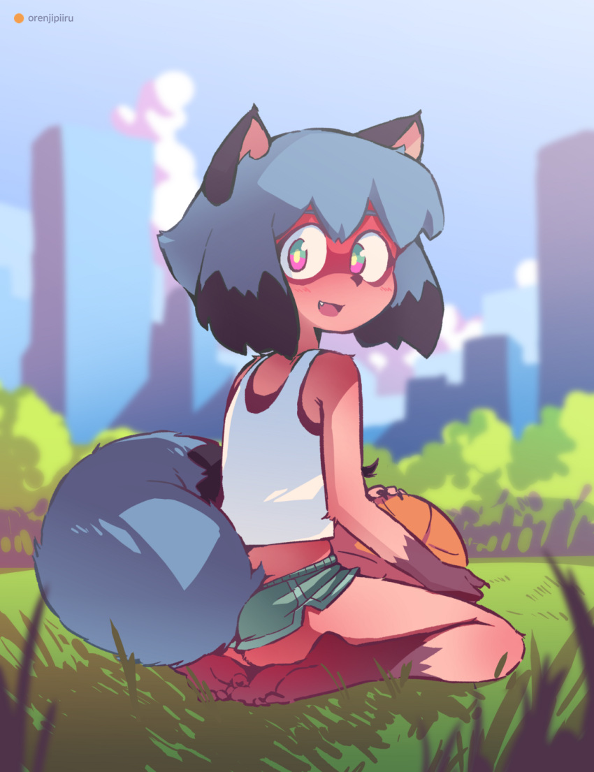 1girl animal_ears animal_nose aqua_eyes aqua_shorts armpit_crease artist_name back ball bangs bare_shoulders basketball black_hair black_undershirt blue_hair blurry blush bob_cut brand_new_animal bright_pupils building clouds cloudy_sky commentary depth_of_field fang foliage from_side full_body furry furry_female grass gym_shorts hair_between_eyes highres holding holding_ball kagemori_michiru looking_at_viewer looking_back medium_hair micro_shorts multicolored_eyes multicolored_hair open_mouth orange_peel_(artist) outdoors pink_eyes raccoon_ears raccoon_tail shorts sitting sky smile solo tail tank_top tareme tree two-tone_hair wariza white_tank_top yellow_eyes