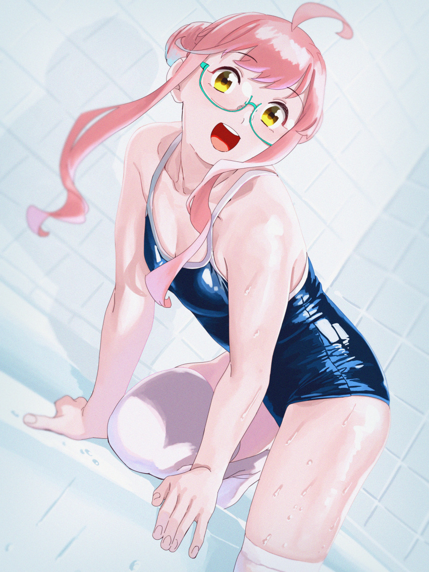 1girl absurdres all_fours bathroom bathtub blue-framed_eyewear blue_swimsuit collarbone competition_school_swimsuit double_bun dutch_angle feet_out_of_frame flat_chest glasses highres kantai_collection long_sleeves makigumo_(kancolle) ojipon one-piece_swimsuit open_mouth pink_hair round_teeth school_swimsuit shiny shiny_clothes smile solo swimsuit teeth thigh-highs twintails upper_teeth wet wet_clothes white_legwear yellow_eyes