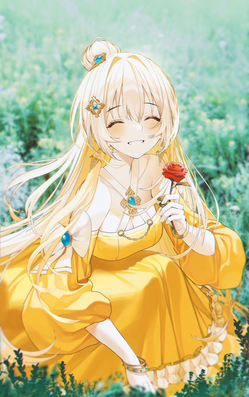 1girl bangs belle_(grimlight) blonde_hair closed_eyes dress earrings facing_viewer flower grimlight hair_bun hair_ornament highres holding holding_flower jewelry kinty light_blush long_hair open_mouth photo_background red_flower sitting smile solo yellow_dress