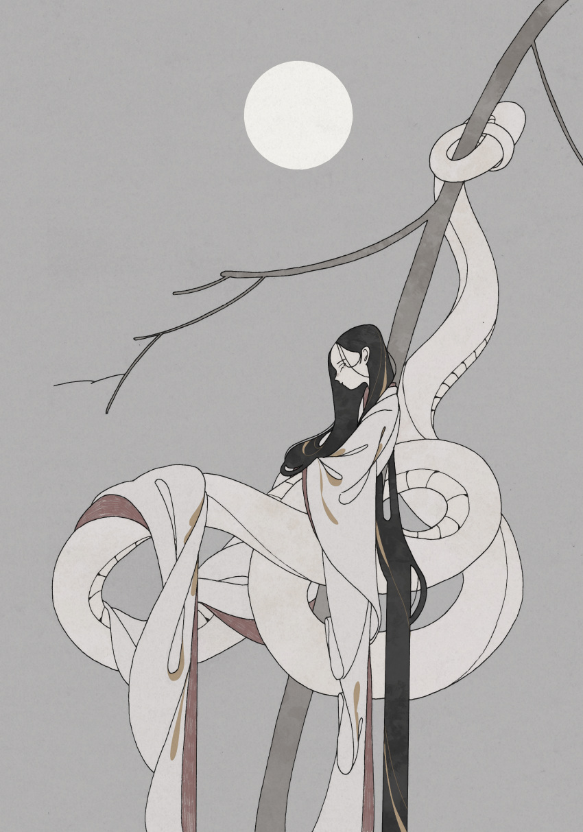 1girl absurdly_long_hair absurdres blonde_hair branch closed_eyes closed_mouth crossed_arms flat_color from_side full_moon grey_background grey_sky hair_behind_ear hair_strand highres holding holding_with_tail in_tree japanese_clothes kimono lamia long_hair long_sleeves monster_girl moon multicolored_hair nature night original prehensile_tail profile solo straight_hair streaked_hair surie tail tree very_long_hair white_kimono