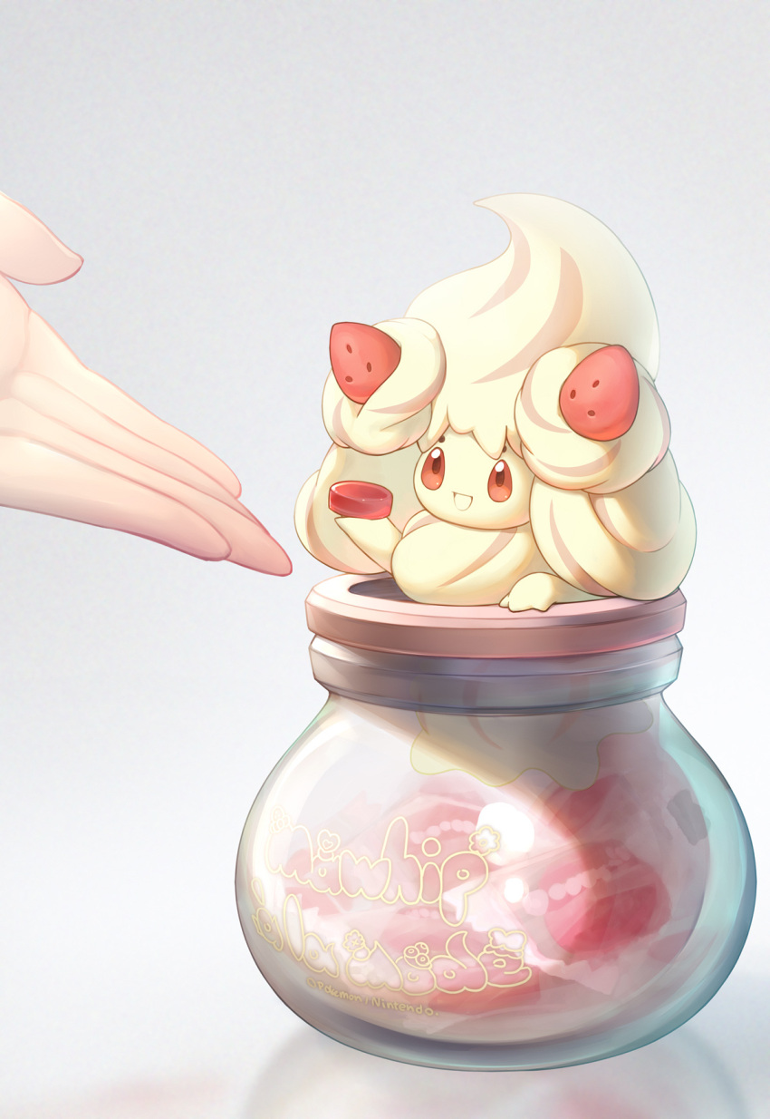 1other :d alcremie alcremie_(strawberry_sweet) commentary_request copyright_name food fruit happy highres holding jar naoki_eguchi open_mouth outstretched_hand pokemon pokemon_(creature) red_eyes smile strawberry