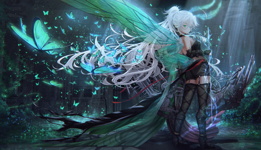 ahoge antennae boots bow breasts bug butterfly elf fairy fairy_wings fantasy garden green_eyes highres house kein_hasegawa long_hair medium_breasts original pointy_ears science_fiction shorts thigh-highs very_long_hair white_hair wings