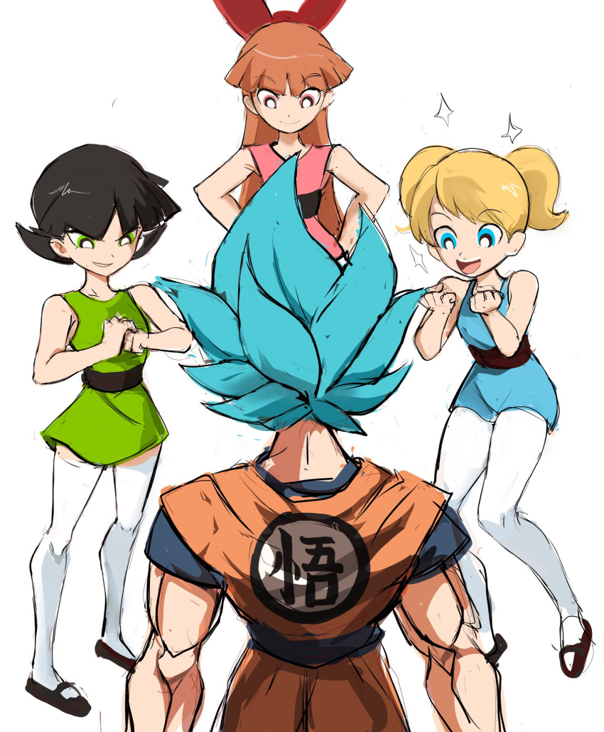 1boy 3girls belt black_belt black_hair blonde_hair blossom_(ppg) blue_dress bubbles_(ppg) buttercup_(ppg) clenched_hands crossover dougi dragon_ball dragon_ball_super dress english_commentary eyebrows_visible_through_hair green_dress hair_ribbon highres multiple_girls orange_hair pantyhose powerpuff_girls rakeemspoon red_dress red_eyes red_ribbon ribbon short_hair sketch son_goku super_saiyan super_saiyan_blue twintails white_legwear