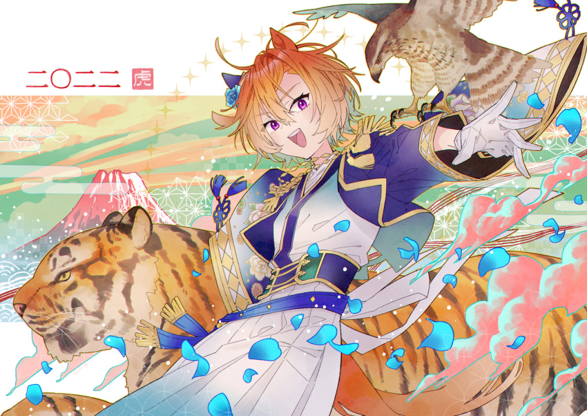 1girl 2022 animal_ears bangs bird blue_jacket corset cropped_jacket egasumi falcon futaba_(futaba_uc) gloves gradient_hair hair_between_eyes highres horse_ears horse_girl horse_tail jacket japanese_clothes kimono kimono_skirt looking_at_viewer multicolored_hair official_alternate_costume open_mouth orange_hair outstretched_arm petals short_hair smile solo t.m._opera_o_(umamusume) tail teeth tiger_ears tongue umamusume upper_teeth violet_eyes white_gloves