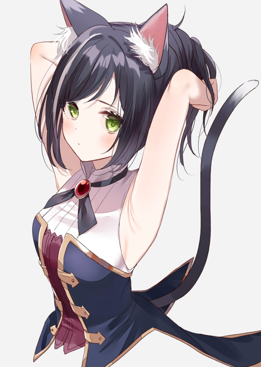 1girl animal_ear_fluff animal_ears black_hair cat_ears cat_girl cat_tail detached_sleeves dress green_eyes highres jacket karyl_(princess_connect!) low_twintails misumi_(macaroni) multicolored_hair princess_connect! purple_jacket sleeveless sleeveless_dress solo streaked_hair tail twintails