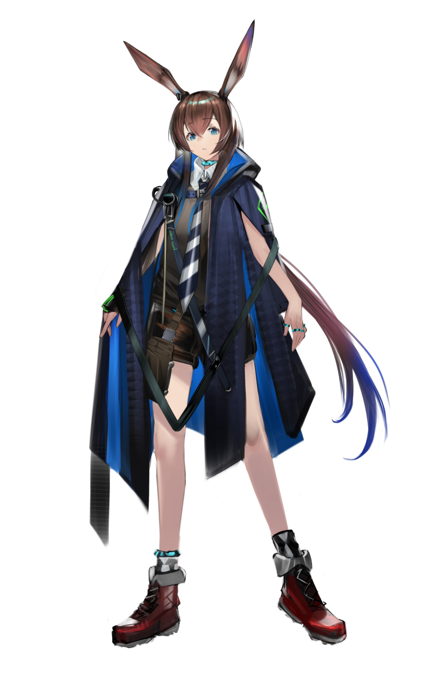 1girl alternate_costume amiya_(arknights) animal_ears ankleband arknights black_gloves blue_cape blue_collar blue_eyes blue_necktie brown_hair brown_shorts cape collar collared_shirt eugle_na eyebrows_visible_through_hair fingerless_gloves flower full_body gloves grey_shirt hair_between_eyes highres hood hood_down hooded_cape jewelry looking_at_viewer multiple_rings necktie rabbit_ears red_flower ring shirt shorts sidelocks simple_background single_glove solo standing striped_necktie tachi-e thumb_ring white_background white_necktie