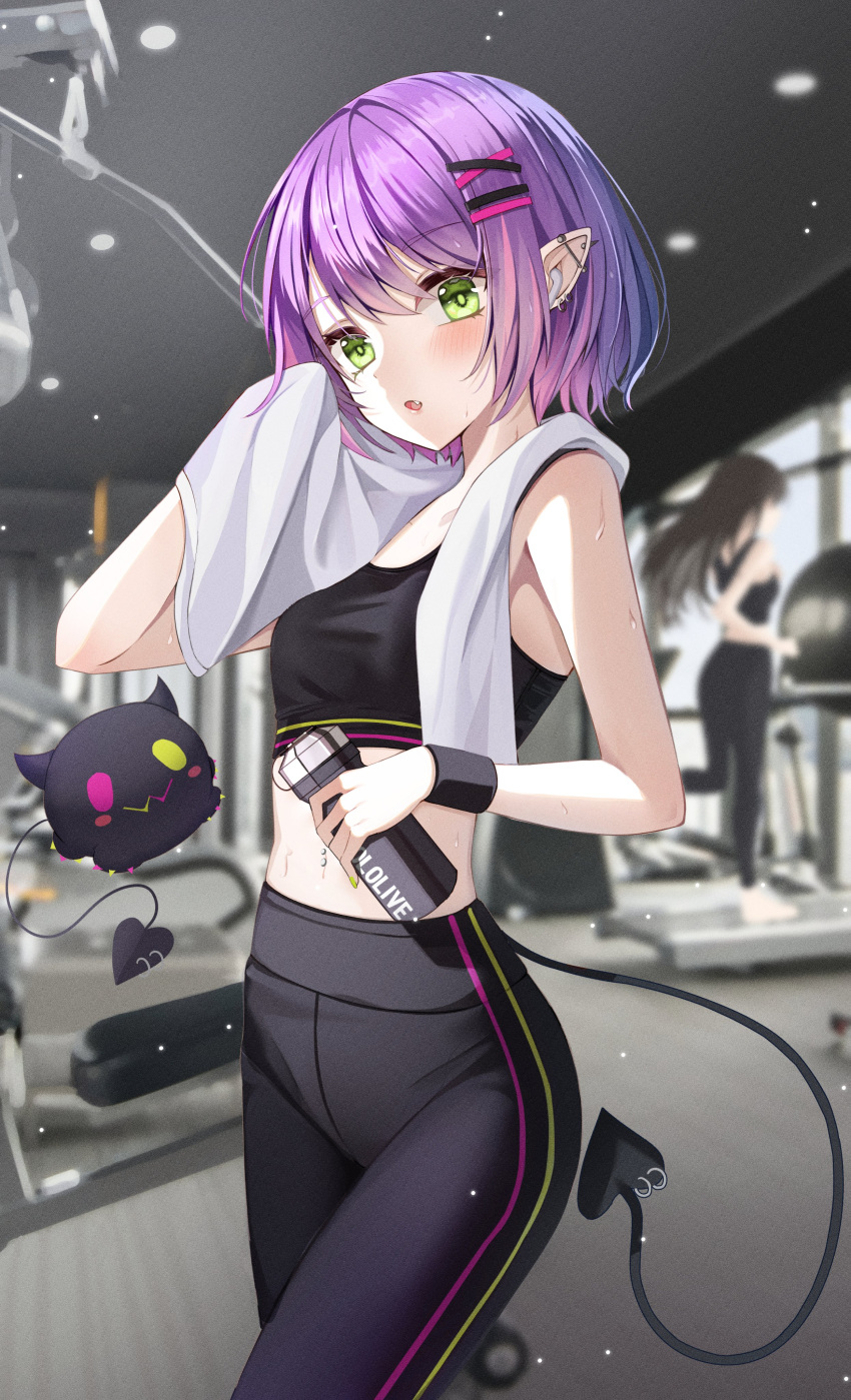 1girl :o absurdres armband bangs bare_arms bibi_(tokoyami_towa) black_pants black_sports_bra blush bottle demon_tail ear_piercing eyebrows_visible_through_hair fang green_eyes gym hair_ornament hairclip highres holding holding_bottle hololive indoors kaku_(walletbreaker) midriff navel_piercing pants piercing pink_hair pointy_ears purple_hair short_hair solo_focus sports_bra sweat tail tail_ornament tail_piercing tokoyami_towa towel towel_around_neck treadmill virtual_youtuber x_hair_ornament