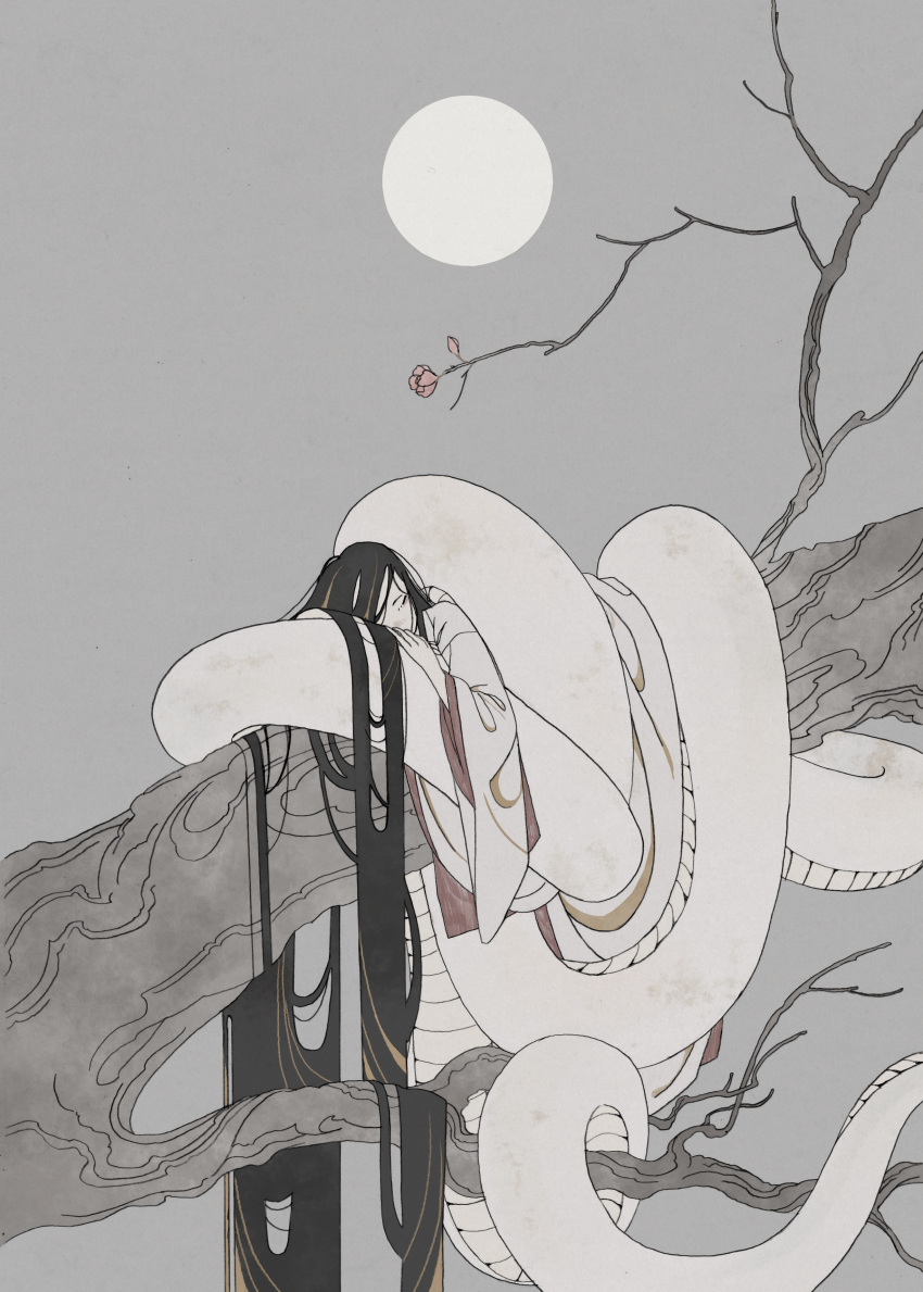 1girl absurdly_long_hair absurdres bare_tree black_hair blonde_hair commentary_request facing_viewer flat_color flower full_moon grey_sky highres in_tree japanese_clothes kimono lamia long_hair long_sleeves monster_girl moon multicolored_hair nature one_eye_covered original outdoors red_flower sleeping solo straight_hair streaked_hair surie tree very_long_hair white_kimono