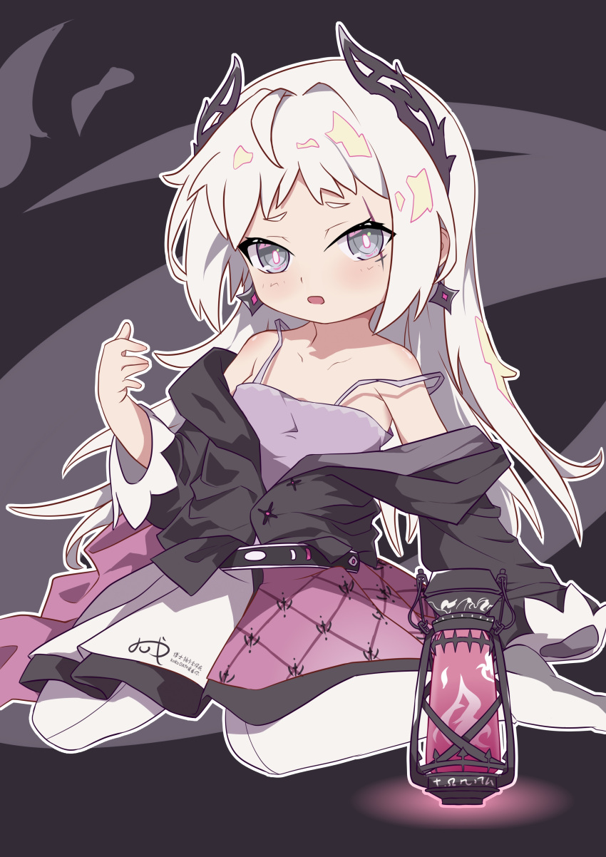 1girl absurdres age_regression arknights bare_shoulders black_jacket camisole chibi chibi_inset collarbone grey_eyes hair_intakes hand_up highres irene_(arknights) jacket lantern long_hair long_sleeves looking_at_viewer off_shoulder open_clothes open_jacket pantyhose parted_lips purple_camisole skirt solo strap_slip very_long_hair white_hair white_legwear white_skirt xianyufanshenqian92619 younger
