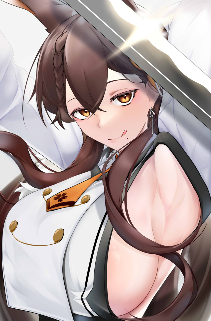 1girl animal_ears armpit_focus armpits arms_up azur_lane braid breasts chikuma_(azur_lane) extra_ears hair_between_eyes highres large_breasts looking_at_viewer mole mole_under_mouth necktie omino_hoku orange_eyes orange_necktie out_of_frame presenting_armpit rabbit_ears side_braid sideboob smile solo spread_armpit upper_body