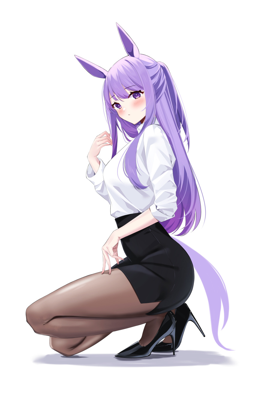 1girl absurdres animal_ears bangs black_footwear blush braid breasts brown_legwear conconcon1031 formal high-waist_skirt high_heels highres horse_ears horse_girl horse_tail long_hair long_sleeves mejiro_mcqueen_(umamusume) office_lady one_knee pantyhose pencil_skirt purple_hair skirt skirt_suit solo suit tail thighs umamusume violet_eyes white_background