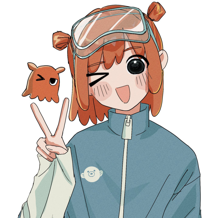 1girl black_eyes blush blush_stickers creature eyebrows_visible_through_hair film_grain floating goggles goggles_on_head grey_background hamafugu highres one_eye_closed open_mouth orange_hair original short_hair simple_background sleeves_past_wrists v zipper_pull_tab