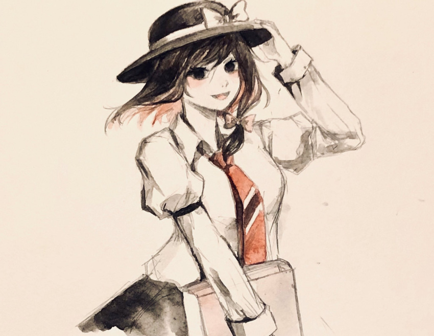 1girl black_eyes black_headwear black_skirt book bow brown_hair collared_shirt commentary_request fedora hand_on_headwear happy hat hat_bow highres holding holding_book hoshiringo0902 juliet_sleeves long_sleeves looking_at_viewer necktie one-hour_drawing_challenge open_mouth puffy_sleeves red_necktie shirt short_hair skirt sleeve_garter solo touhou traditional_media upper_body usami_renko white_bow white_shirt