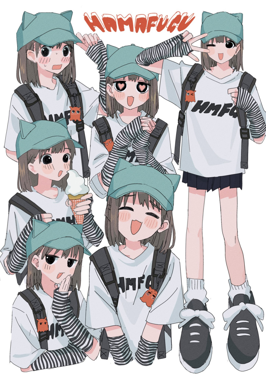 1girl animal_hat backpack bag black_bag black_eyes black_footwear black_skirt blush blush_stickers brown_hair charm_(object) closed_eyes eyebrows_visible_through_hair eyes_visible_through_hair food green_headwear grey_background hamafugu hat heart heart-shaped_pupils highres holding holding_food ice_cream medium_hair multiple_views one_eye_closed open_mouth original pink_pupils signature simple_background skirt sweat symbol-shaped_pupils w w_over_eye