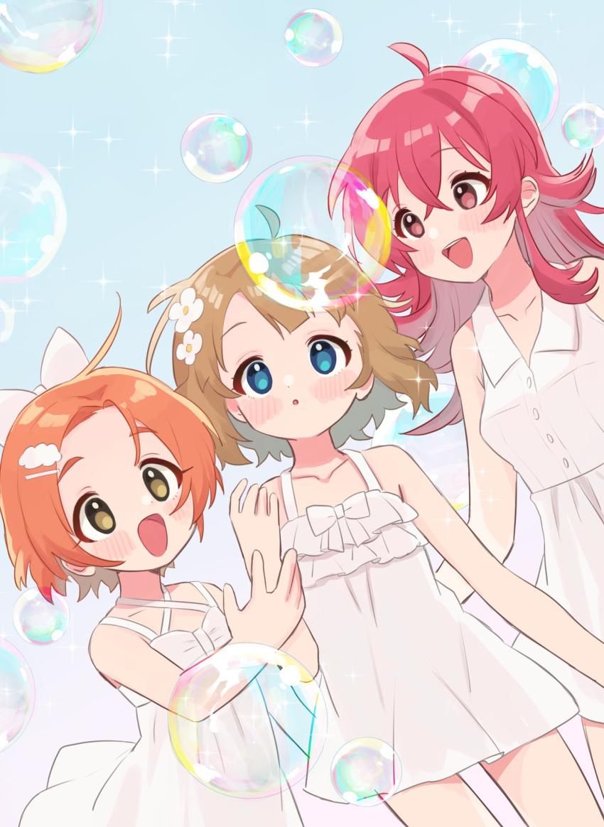 3girls :d ahoge alternate_costume bad_id bad_twitter_id blush bow bubble bubble_background collared_dress dress dutch_angle flower hair_bow hair_flower hair_ornament highres idolmaster idolmaster_cinderella_girls idolmaster_million_live! idolmaster_shiny_colors komiya_kaho multiple_girls round_teeth ryuzaki_kaoru saito_katuo sleeveless sleeveless_dress smile sparkle suou_momoko teeth white_dress