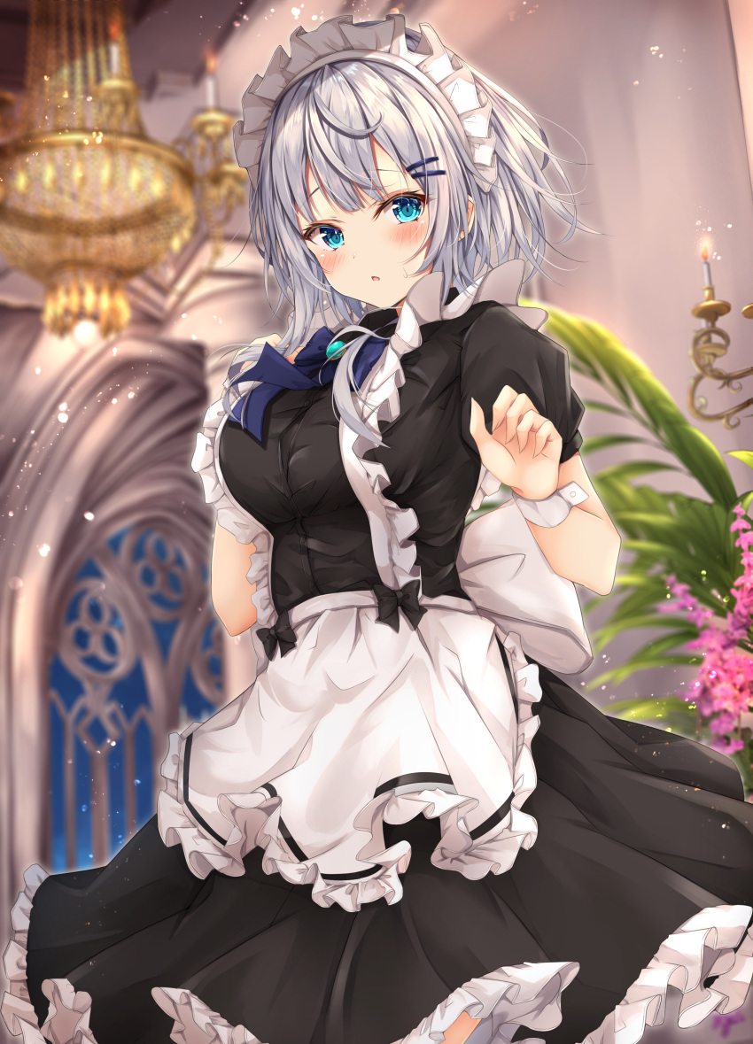 1girl absurdres apron bangs black_bow black_dress blue_bow blue_eyes blurry blurry_background blush bow breasts candle chandelier commentary_request cowboy_shot dress furrowed_brow grey_hair hands_up highres indoors large_breasts lit_candle maid maid_apron maid_headdress medium_hair original parted_lips puffy_short_sleeves puffy_sleeves rumiko_(rmeco) short_sleeves solo white_apron wrist_cuffs