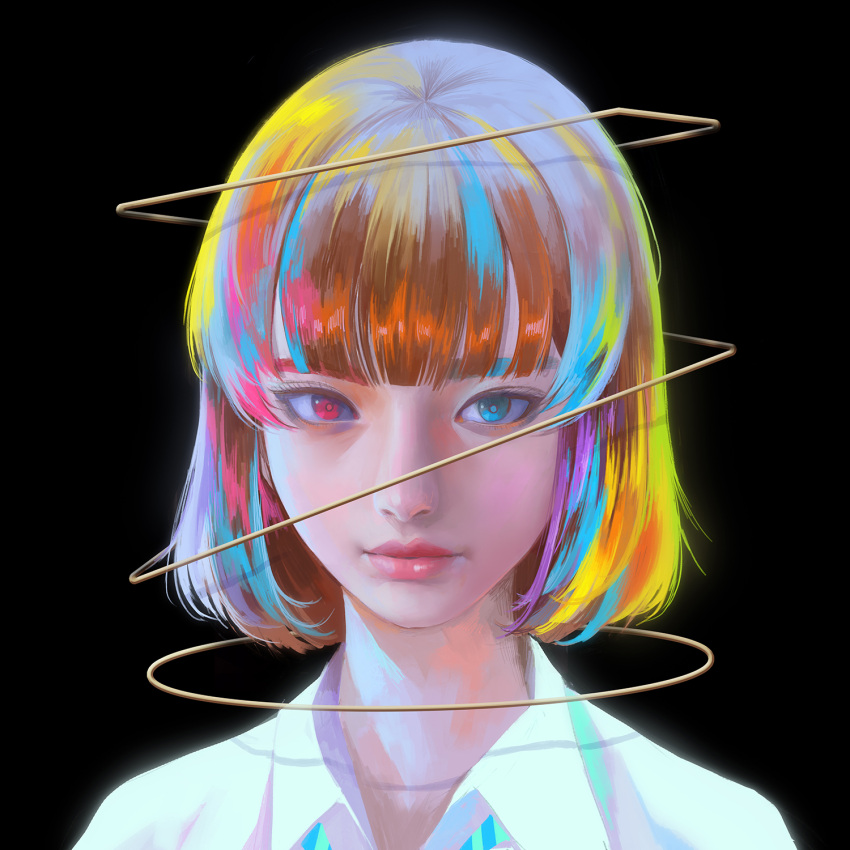 1girl bangs black_background blonde_hair blue_eyes blue_hair blunt_bangs blunt_ends bob_cut brown_hair close-up closed_mouth collared_shirt colorful face heterochromia highres lips lipstick looking_at_viewer makeup medium_hair multicolored_hair multiple_halos necktie nose original pink_eyes pink_hair pink_lips portrait red_lips school_uniform shirt short_hair simple_background solo streaked_hair striped_necktie wataboku white_shirt wing_collar
