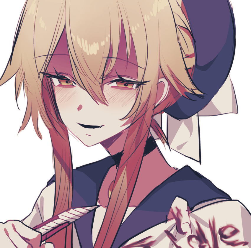 1boy blonde_hair blood blood_writing blush boxcutter choker envy_elika_(koyashaka) fang hat highres koyashaka looking_at_viewer male_focus napkin original otoko_no_ko sailor_collar sailor_shirt shirt solo white_shirt writing yellow_eyes