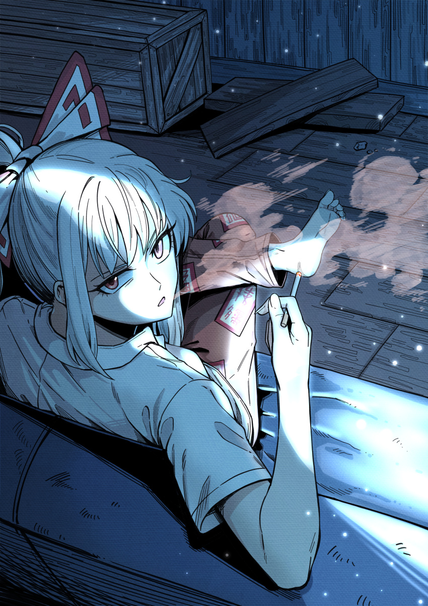 1girl absurdres bangs barefoot bow cigarette couch crate crossed_legs ddok english_commentary fujiwara_no_mokou hair_bow highres holding holding_cigarette leg_up long_hair looking_at_viewer looking_back night ofuda ofuda_on_clothes open_mouth pants plank red_eyes red_pants shirt short_sleeves sidelocks smoke smoking solo touhou white_bow white_hair white_shirt wooden_floor