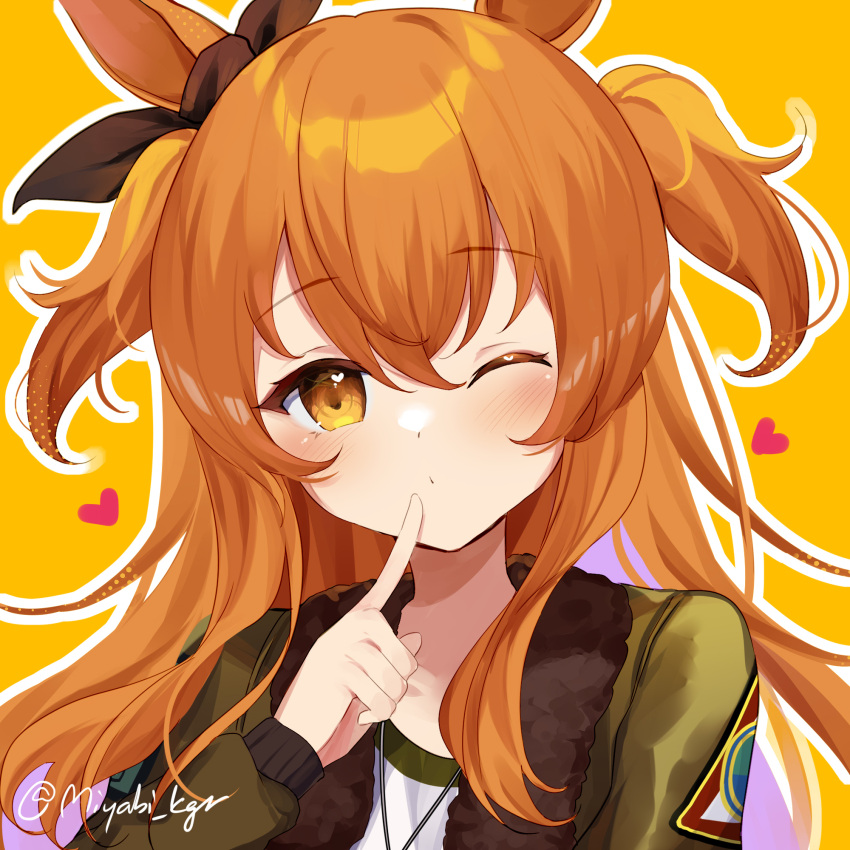 1girl animal_ears blush commission eyebrows_visible_through_hair green_jacket hair_between_eyes heart highres horse_ears horse_girl jacket long_hair long_sleeves mayano_top_gun_(umamusume) miyasaka_miyabi one_eye_closed open_clothes open_jacket orange_eyes orange_hair pixiv_request solo twitter_username two_side_up umamusume upper_body