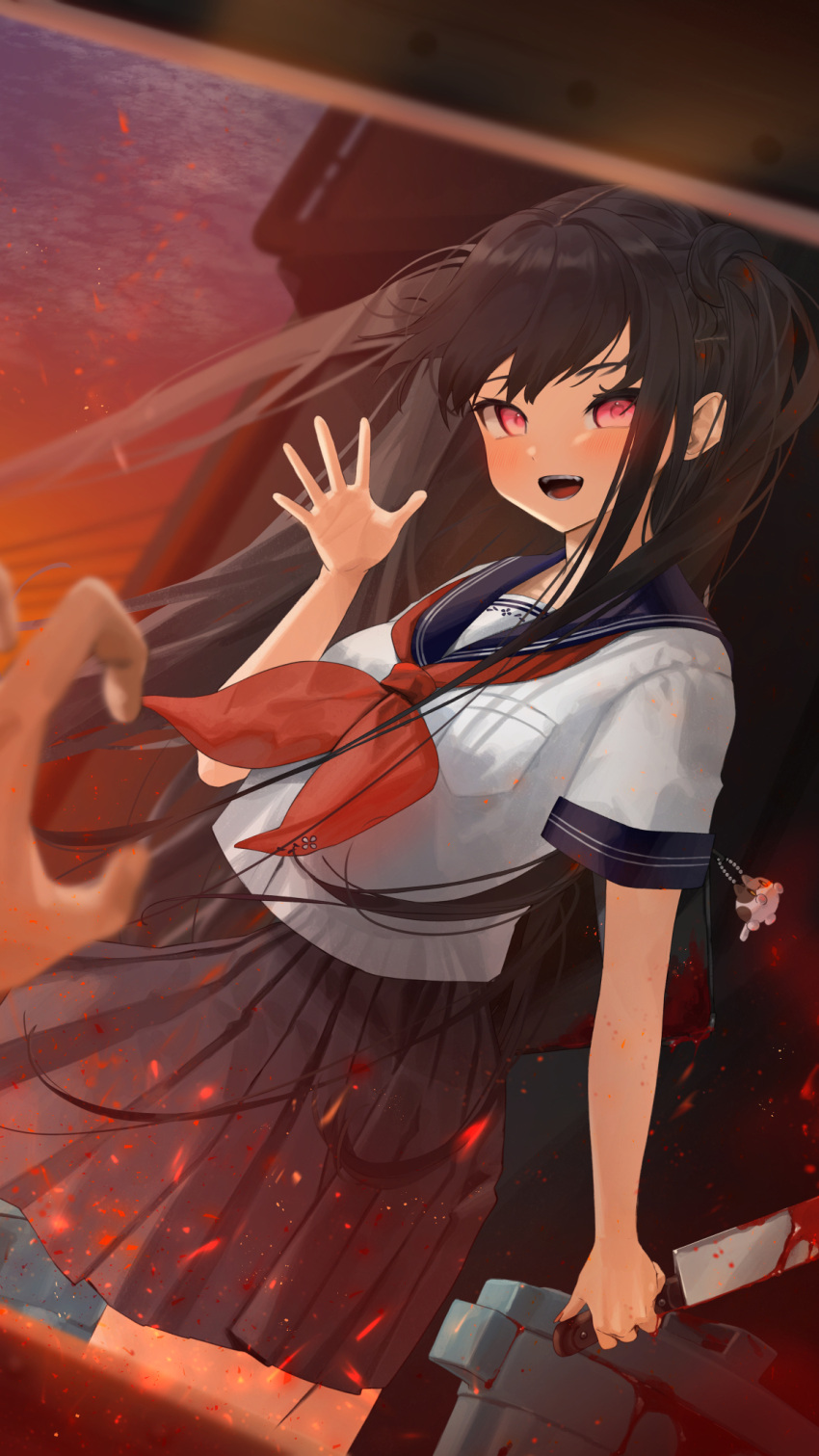 1girl bag bangs black_hair blood blood_on_weapon blue_skirt breast_pocket character_request copyright_request dutch_angle embers gotoh510 highres holding holding_knife keychain knife long_hair open_mouth pleated_skirt pocket pov red_eyes sailor_collar school_bag school_uniform serafuku short_sleeves skirt smile solo two_side_up very_long_hair waving weapon