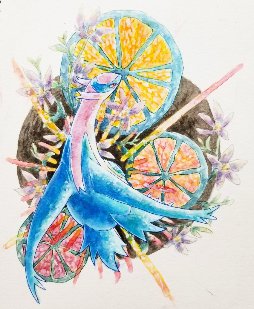 commentary_request flower food from_above fruit full_body highres latios masshu_(shu_123426) no_humans painting_(medium) pokemon pokemon_(creature) purple_flower red_eyes solo traditional_media watercolor_(medium) white_background