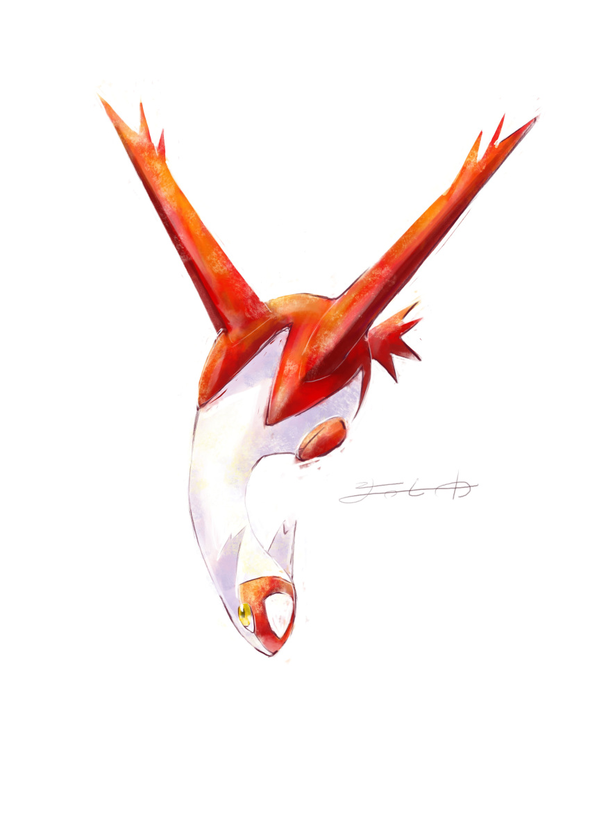 absurdres commentary_request from_above full_body highres latias looking_back masshu_(shu_123426) no_humans photoshop_(medium) pokemon pokemon_(creature) signature simple_background solo white_background yellow_eyes