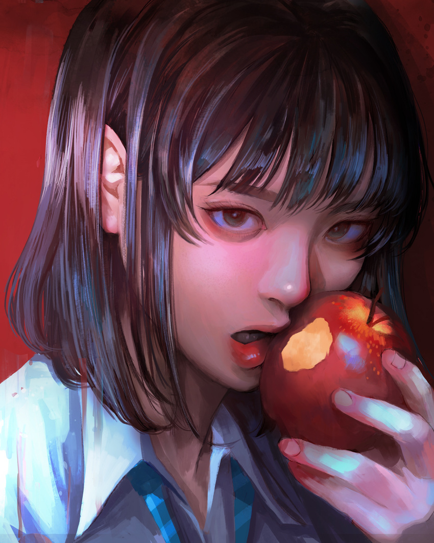 1girl apple blue_necktie brown_eyes brown_hair collared_shirt food fruit highres holding holding_food holding_fruit looking_at_viewer medium_hair necktie open_mouth original red_apple red_background shirt solo striped_necktie wataboku white_shirt wing_collar