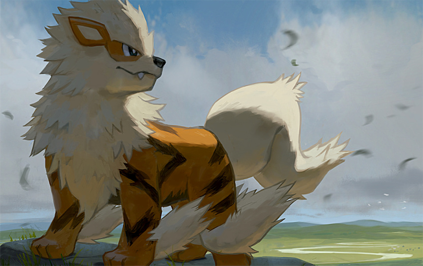 af_(afloatisland) arcanine black_eyes blurry bright_pupils closed_mouth clouds commentary_request day falling_leaves fang fang_out leaf no_humans outdoors pokemon pokemon_(creature) sky solo standing white_pupils